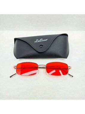 Y2K Red Lens Sunglasses Slim Gold Frame Cyber Rave Festival Shades